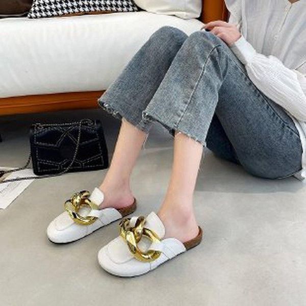 

slippers 2021 metal buckle women slipper round toe low heels casual slides baotou half drag women's comfortable, Black