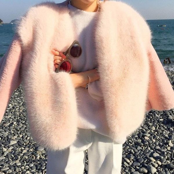 

women's fur & faux luxury hair warm pink coat winter sweet women jackets plush short coats elegant female cardigan overcoat, Black