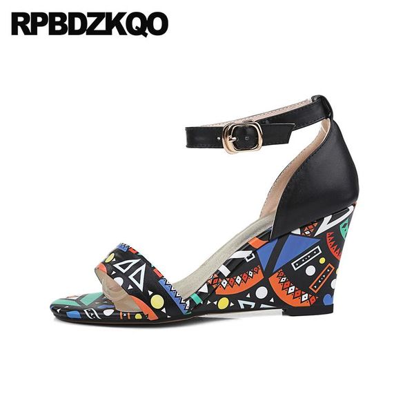 

wedge designer ankle strap sandals fetish shoes big size high heels large open toe pumps genuine leather floral print women, Black