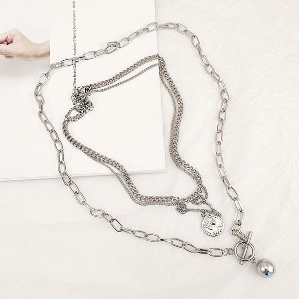 

ins same titanium steel multi-layer necklace female european and american hip-hop niche cold wind coin head pendant chains, Silver