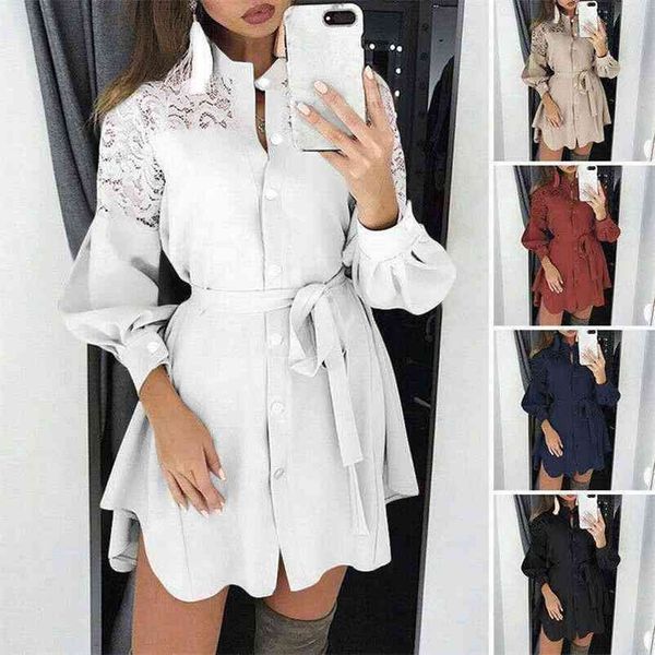 

autumn and winter lace-up long sleeve v-neck solid color tie shirt dress women lace stitching irregular femme robe 210517, Black;gray