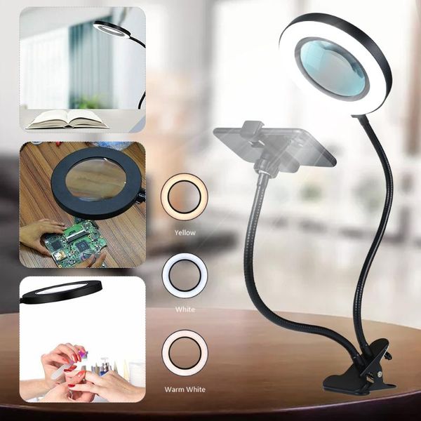 

table lamps 10x led desk clamp lamp magnifying glass light adjustable swing arm eye-caring reading beauty 3 colors stepless optical dimming