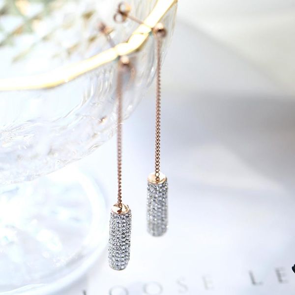 

2021 fashion tassel crystal round column stud earring rose gold color woman gift titanium steel fine jewelry never fade, Golden;silver