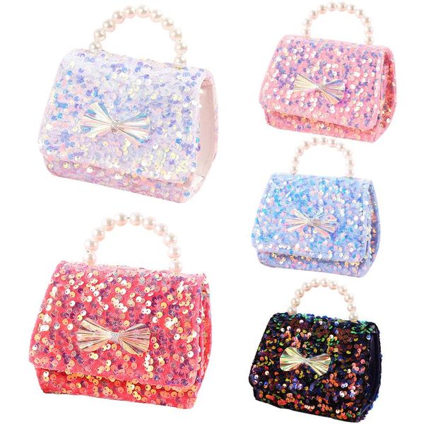 

storage bags fashion glitter sequins crossbody bag pearl handle bow decor handbag portable shiny small princess shoulder with metal chain