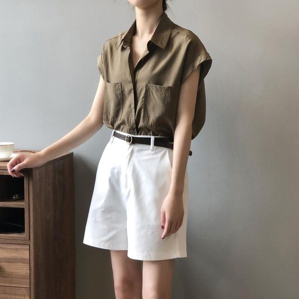 

women's blouses & shirts 2021 summer korean design pure color cardigan shirt fashion sleeveless blouse female 0920, White