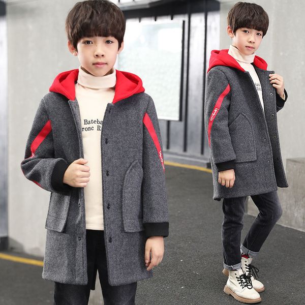 

boys' woolen 2021 new middle large wool tweed children's boys' cotton padded autumn and winter thickened coat, Black