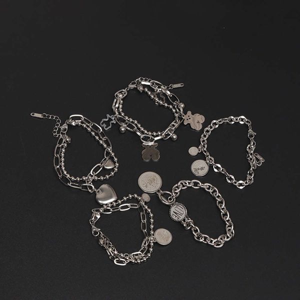 

titanium steel bracelet student lady does not fade bear bracelet dark wind friend red korean version simple hip hop trend, Black