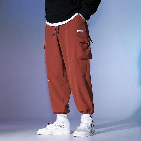 

reflective drawstring overalls loose large pockets casual pants men's trend, Black