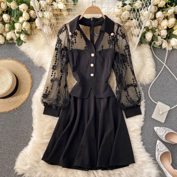 

two piece dress foamlina women vintage see through mesh lace patchwork mini autumn long sleeve buttons party office lady short p3u, White