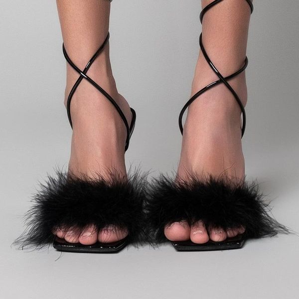 

dress shoes 2021 thin high heel women stiletto cross square toe woman's pumps lace up fur ladies plus size female fashion summer, Black
