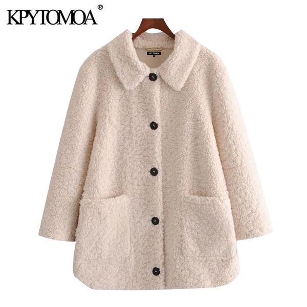 

women fashion thick warm faux fur loose teddy coat vintage long sleeve pockets female outerwear chic overcoat 210421, Black