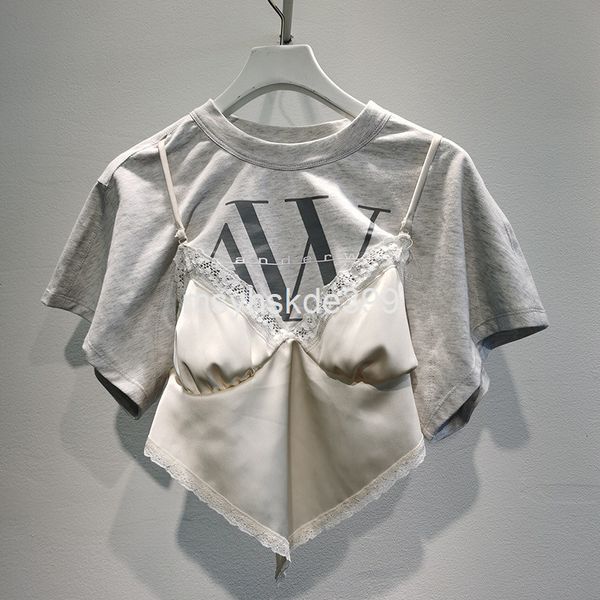 

women's t-shirt 3724 aw wangjia spring and summer lace satin stitching short sleeve cotton t-shirt women's fashion, White