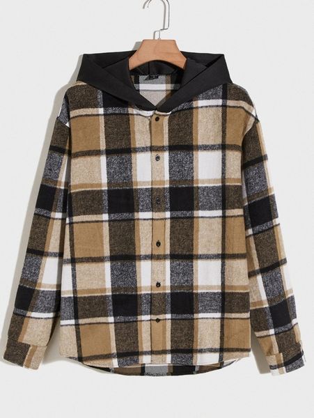 

men plaid hooded overcoat h8n0#, Black;brown