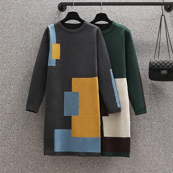 

casual dresses -4xl women large size patchwork kintting thick sweater 2021 long sleeve o neck elegant vintage short dress, Black;gray