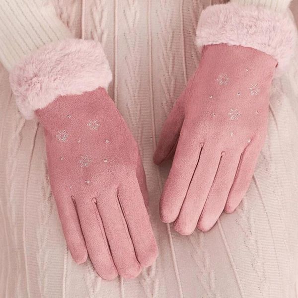 

five fingers gloves women warming hand suede snowflake touches screen thickened fleece lined warm cnt 66, Blue;gray