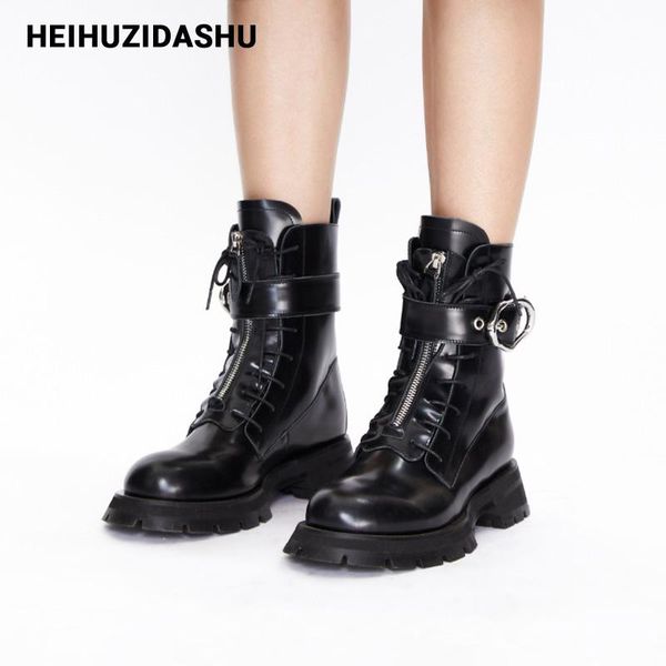 

boots 2021 chic brand design chunky platform front zipper ankle for women retro round toe buckle motorcycle, Black
