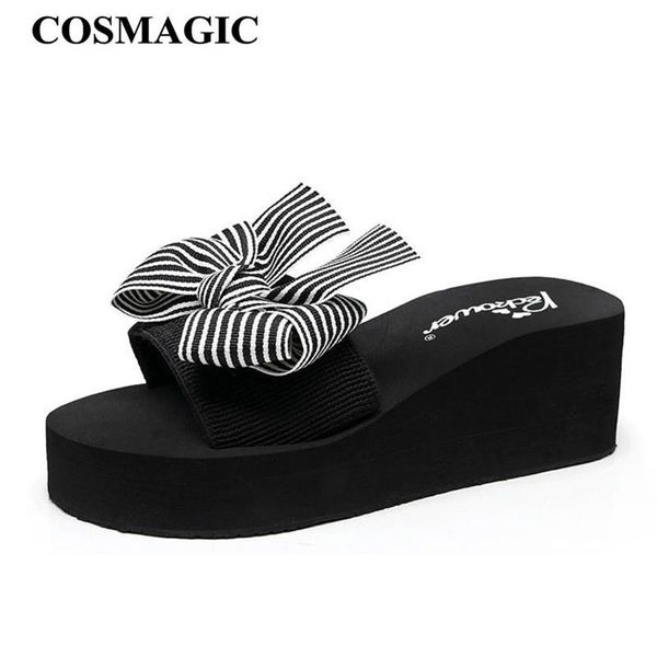 

slippers cosmagic fashion handmade platform bowtie wedge slipper 2021 women summer casual beach waterproof high heel slide, Black