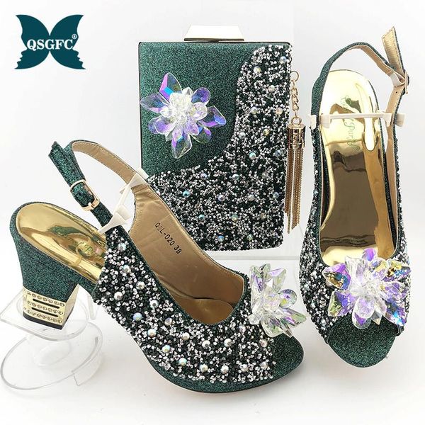 

dress shoes dark green color italian women and bag to match decorate with rhinestone african lady matching for wedding, Black