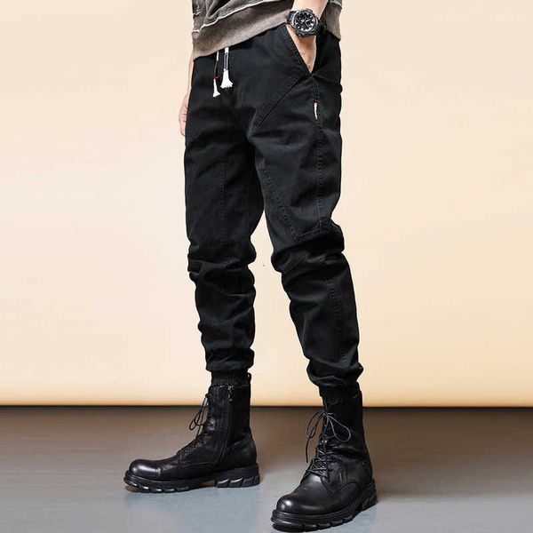 

ly fashion men jeans spliced designer loose fit casual cargo pants overalls streetwear hip hop joggers ankle banded, Blue
