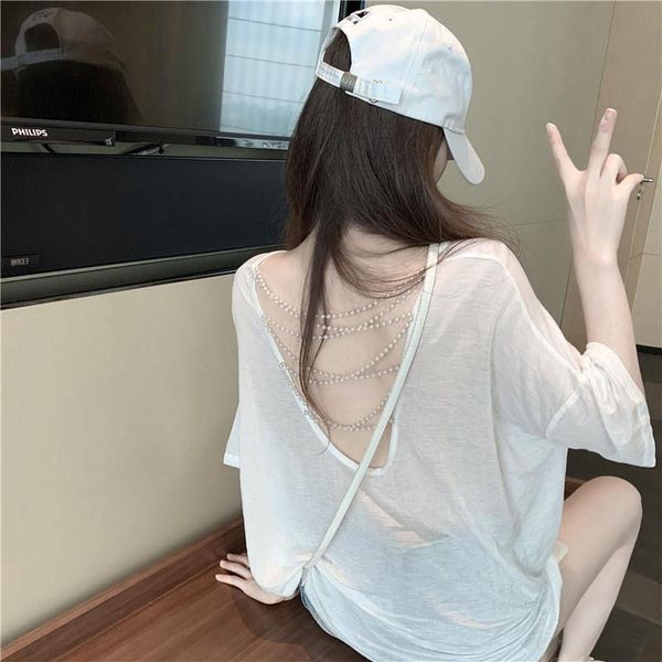 

women's t-shirt watch out machine open back pearl hollowed design feeling sunscreen net red 2021 summer loose short sleeve top, White