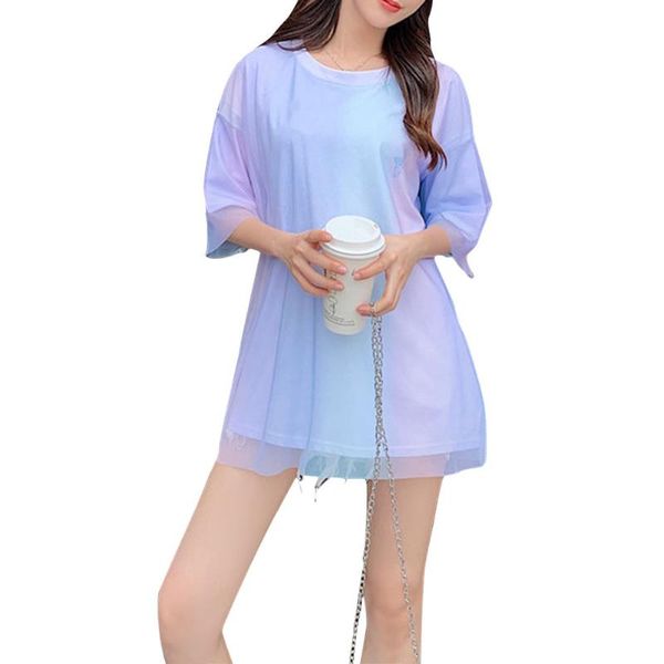 

women's t-shirt gradient mesh short sleeve loose round neck female summer 2021 fashion girl hip-hop clothes, White