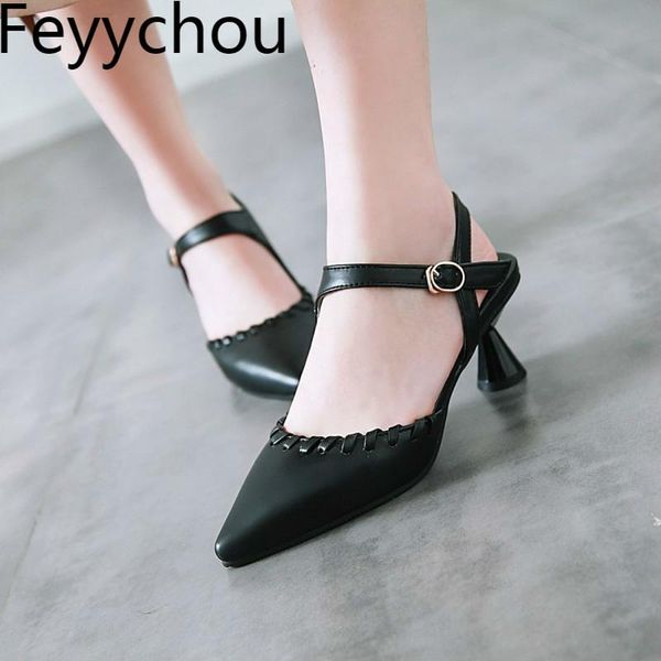 

women's sandals high heels buckle pointed toe thick heel 2021 fashion spring summer white green black big size 34-43