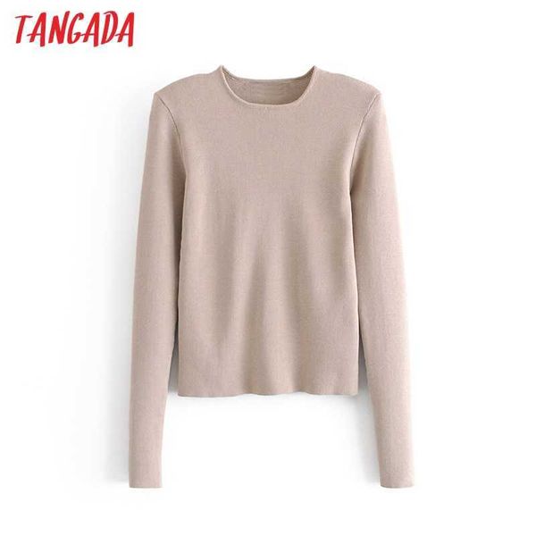 

tangada women fashion elegant shoulder pads knitted sweater jumper o neck female pullovers chic sw19 210609, White;black