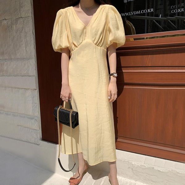 

casual dresses [ewq] women high waist pleated simplicity slim dress v-neck puff sleeve loose fit fashion tide spring summer 2021 16w591, Black;gray