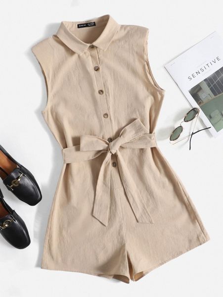 

solid button front belted romper f1qa#, White