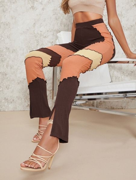 

contrast stitch slit hem colorblock pants f4rr#, Black