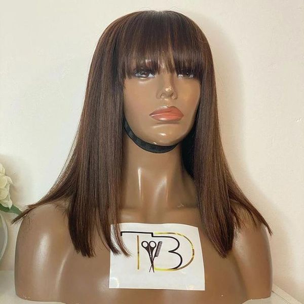 

lace wigs silk base highlights straight human hair with bangs 360 frontal brazilian remy blonde 13x6 front wig fringe, Black;brown