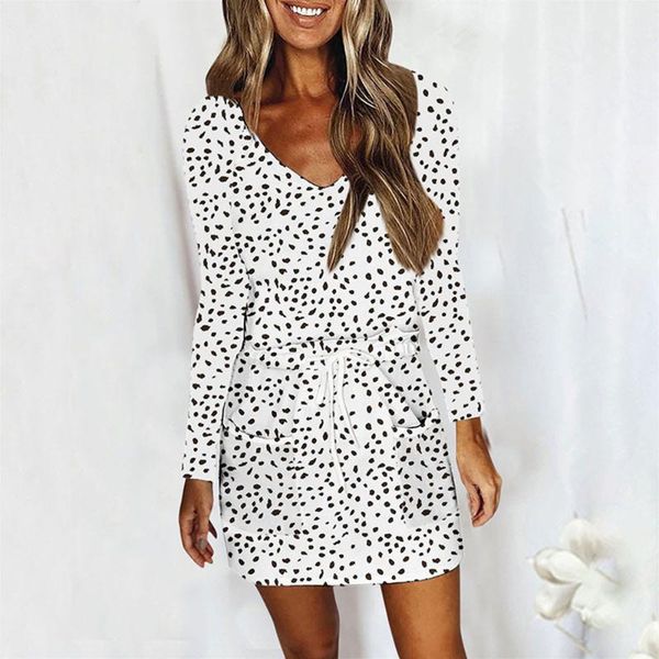 

casual dresses women print lace-up mini dress autumn 2021 v-neck long sleeve pockets fashion dot plus size 5xl woman, Black;gray