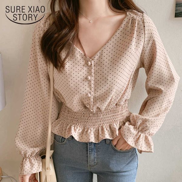 

vintage shirt v-neck flare sleeve polka dot women blouse shirts elegant female blouse slim waist ruffles blusas buttons 6602 210527, White