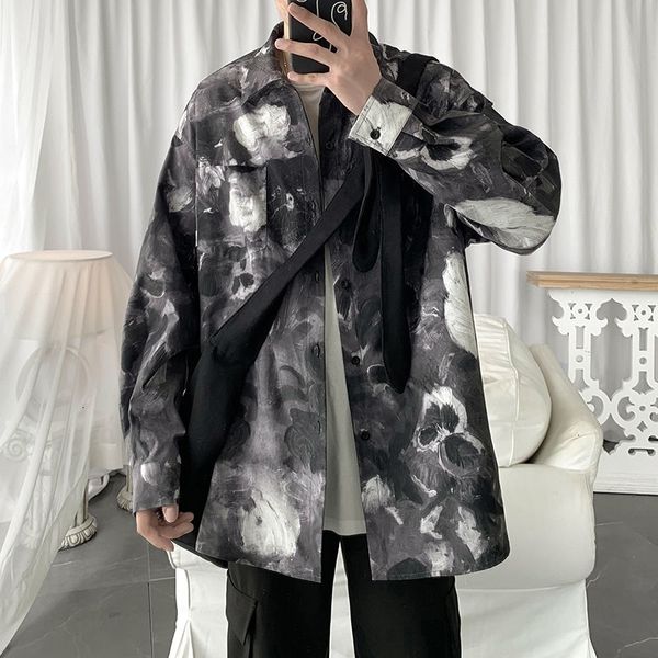 

men's casual shirts spring flower fashion printed men streetwear loose long-sleeved mens dress -2xl j0bl, White;black