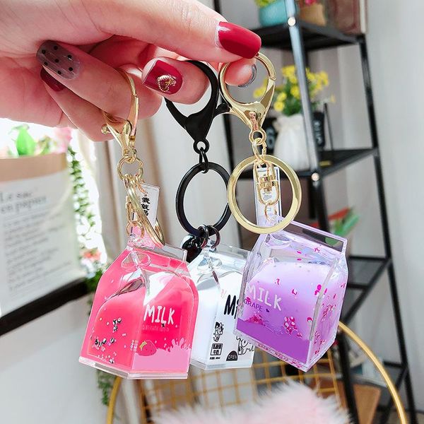 

keychains creative transparent leather rope keyring colorful liquid floating milk bottle key chain cute backpack car pendant gifts, Silver