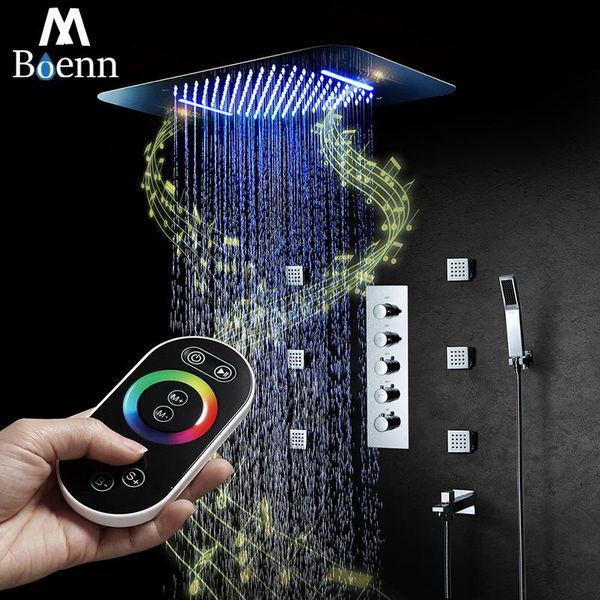 

music led showerheads big water flow showers faucet mixer thermostatic massage jets bathroom rain shower set system head sets