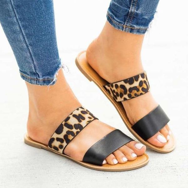 

women summer slippers flat straight sandals fashion leopard print shoes beach casual ladies plus size 36-43, Black