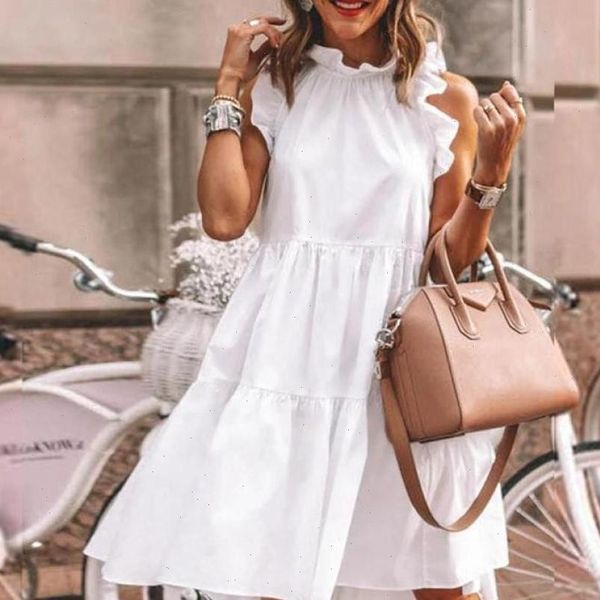 

solid loose white dress womens sleepwears summer ruffle o neck dresses fashion ladies sleeveless holiday party knee length vestidos, Black;red