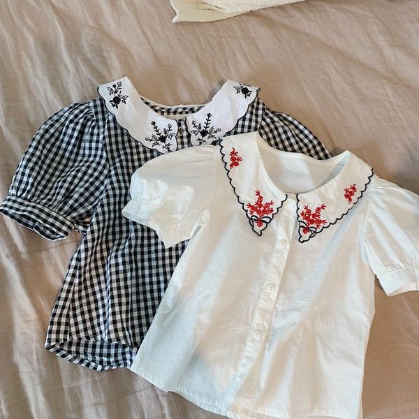 

vintage flower embroidery girls blouse summer short sleeve infant kids shirt for plaid children jackets outwear 1-7t shirts, White;black