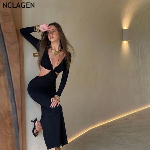 

casual dresses nclagen 2021 autumn women deep v neck cut out maxi dress long sleeve fitness party club vintage black bodycon split, Black;gray