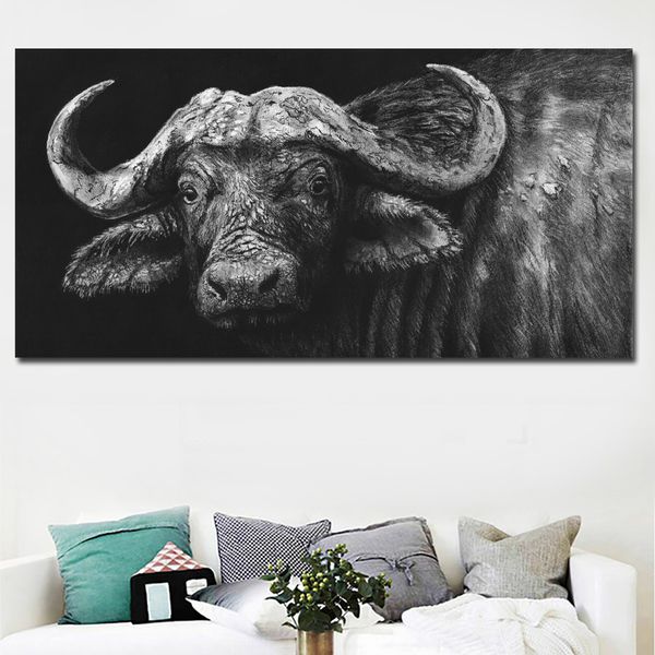 Moderne Wandkunst Büffel in Anthrazit, abgeschnittenes schwarzes Gemälde, Drucke auf Leinwand, ohne Rahmen, Bilder, Heimdekoration für Wohnzimmer