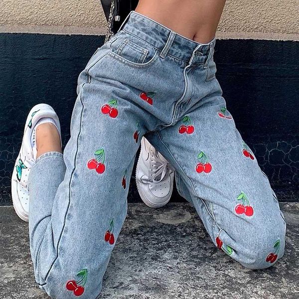 

women's jeans y2k cherry print woman low waist hippie denim trousers dark academic goth streetwear korean cargo pants 90s, Blue