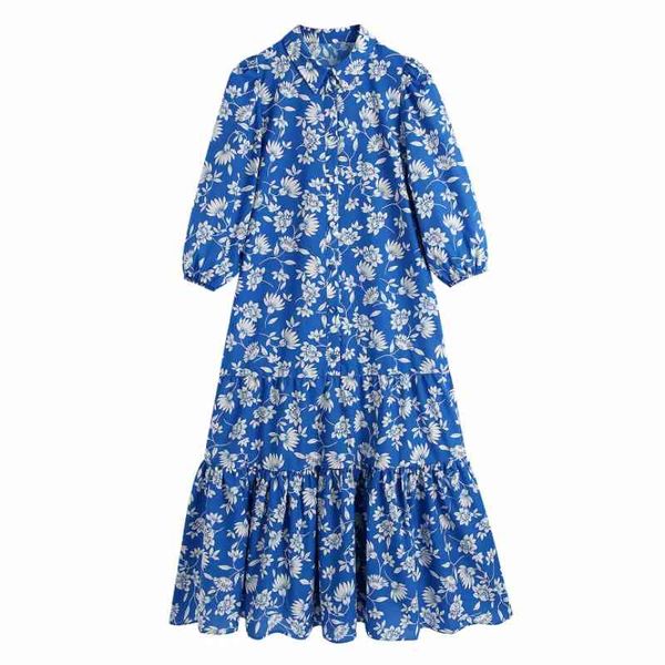 

summer women flower printing ruffled hem midi shirt dress female lantern sleeve clothes casual lady loose vestido d7618 210430, Black;gray