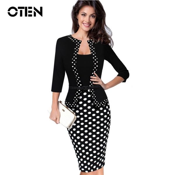 

oten womens retro polka dot office bodycon business floral vintage sheath plus size wear to work belt jacket dress 5xl, Black;gray