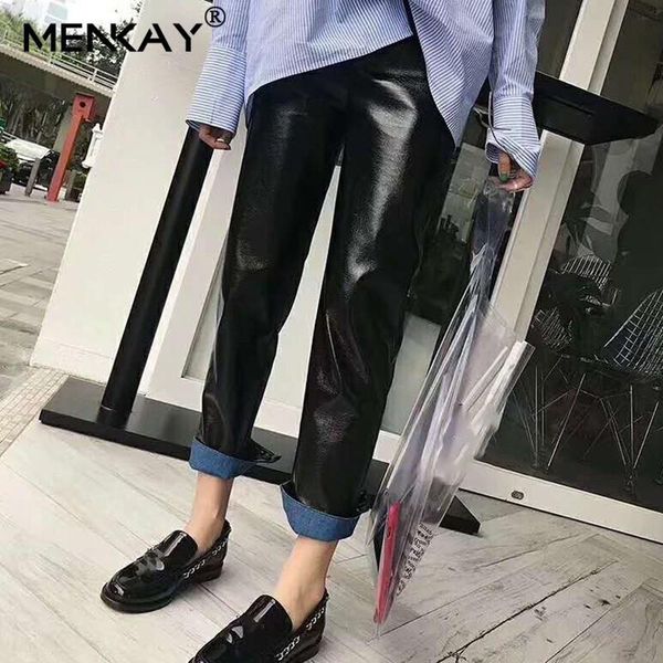 

women's pants & capris [menkay] pu leather trousers for women zipper button high waist loose straight female 2021 autumn fashion, Black;white