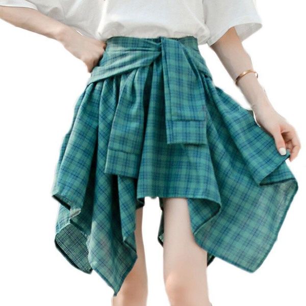 

skirts summer women irregular ruffles hem stripe skirt elastic high waist big swing plaid, Black