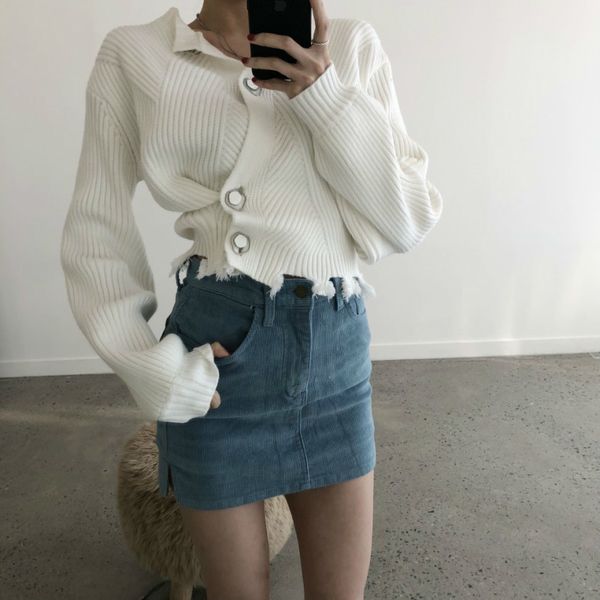 

distressed button up cropped white cardigans women winter clothes vintage casual short grey knitted sweater cardigan 210415, White;black
