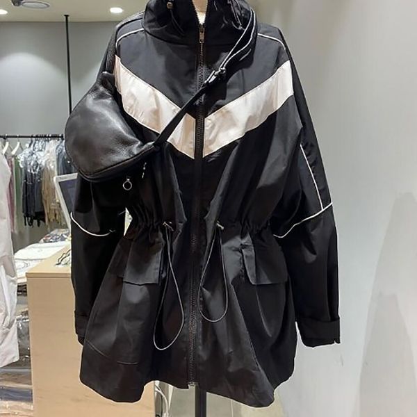 

luxury women's jackets korea dongdamen loose fashion stand collar color matching drawstring waist closing casual windbreaker coat in au, Black;brown