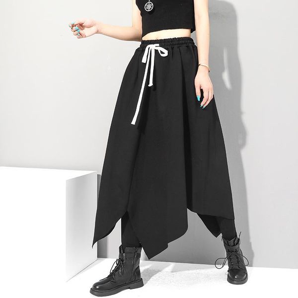 

skirts johnature autumn loose solid color women 2021 casual fashion elastic waist tie irregular female, Black