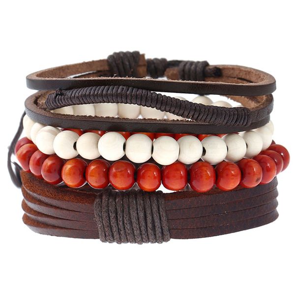

leather rope handmade braided multilayer wooden beaded charm bracelets set for men women punk adjustable bangle fashion jewelry, Golden;silver